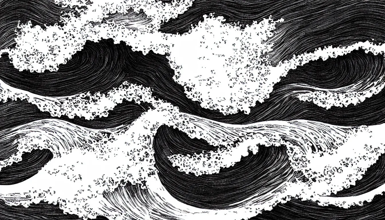 Prompt: ocean wave drawing by Moebius, minimalist, detailed, black and white drawing