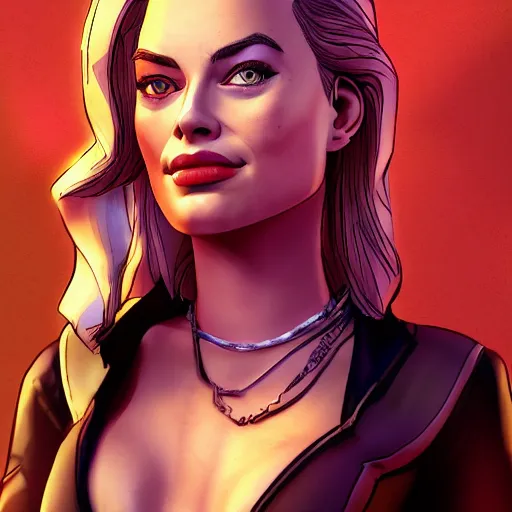 Image similar to margot robbie portrait, borderlands, tales from the borderlands, the wolf among us, comic, cinematic lighting, studio quality, 8 k