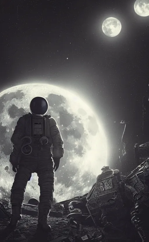 Image similar to WW2 photography, SOMA game art style, astronaut, nighttime, full moon, hyperdetailed, realistic, dark, horror, thrilling, random art