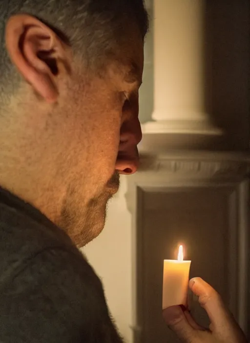 Prompt: a man's face in profile, candles skin, in the style of the Dutch masters and Gregory Crewdson, dark and moody