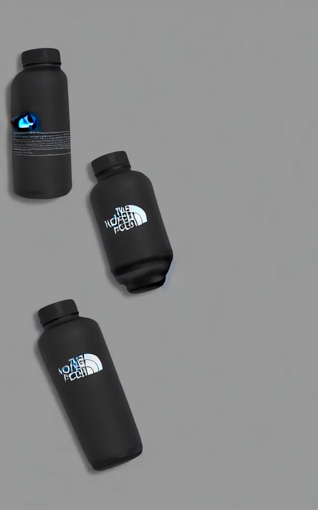 Image similar to the north face high tech dietary supplement bottle filled with dense white liquid, round bottle, black top, concept art, matte, sharp focus, illustration, art by aenaluck,