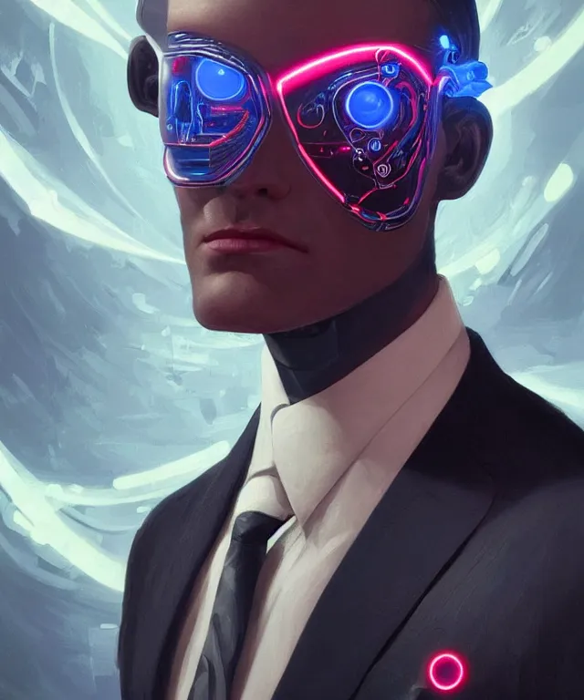 Image similar to a male android portrait wearing a suit and tie, surrealism, scifi, intricate, elegant, sharp eyebrows, highly detailed cybernetic body, neon glowing eyes, digital painting, artstation, concept art, smooth, sharp focus, illustration, art by artgerm and moebius and peter mohrbacher