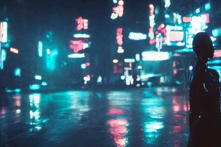 Image similar to VFX movie portrait closeup beautiful blade runner hologram woman natural skin, natural night street lighting in the city alley by Emmanuel Lubezki