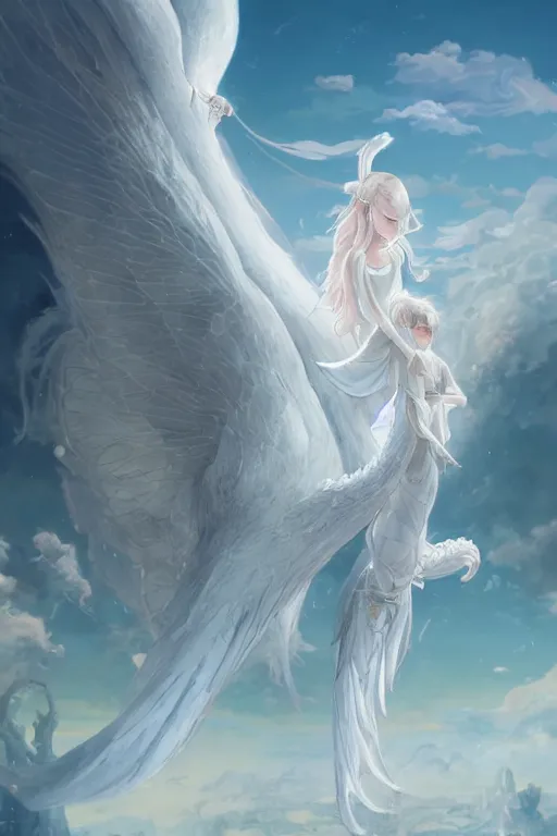 Image similar to beautiful scene render that a princess rely on a huge silver white dragon back, finely detailed angelic face delicate features, in the fairyland surrounded by white clouds, perfectly shaded, atmospheric lighting, style of makoto shinkai and peter mohrbacher, studio ghibli. artgerm, karol bak, beeple, animation style, 4 k hd, hyper detailed