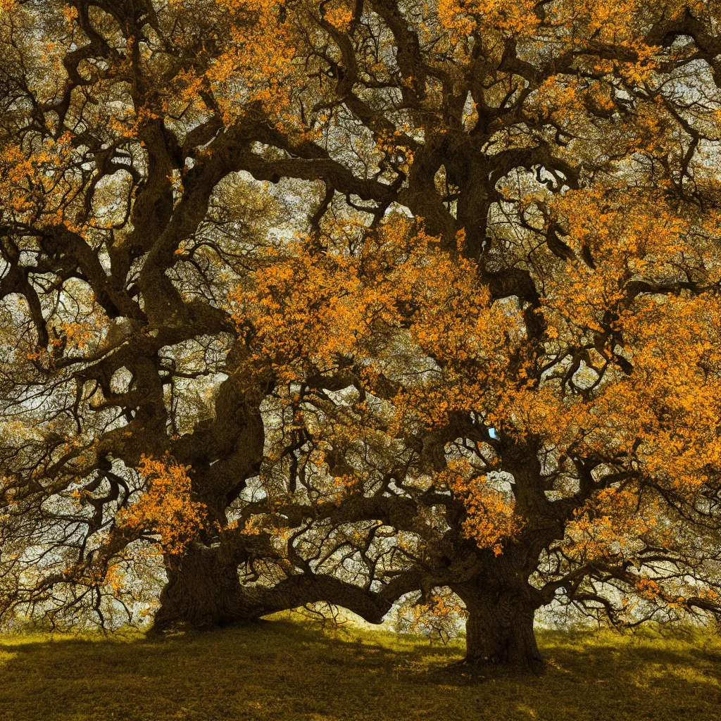 Image similar to single lonely old oak with foliage in winter, spring, summer and autumn colors, the tree is growing on a hillock, cinematic lighting, photo realistic image, 4K, super detailed