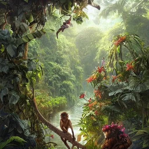 Image similar to a beautiful jungle landscape bordered by vines, flowers, tropical birds, monkey, snake, river with stunning water, d & d, fantasy, intricate, elegant, highly detailed, digital painting, artstation, concept art, matte, sharp focus, illustration, art by artgerm and greg rutkowski and alphonse mucha