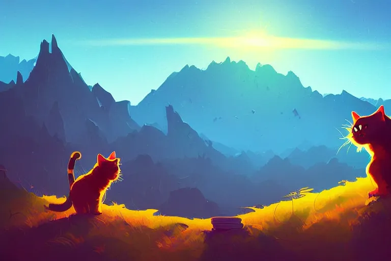 Prompt: a digital art of a cat watching mountians and grassland, light effect, highly detailed, by anton fadeev