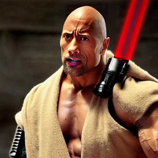 Prompt: Dwayne Johnson in Jedi Robes holding a lightsaber