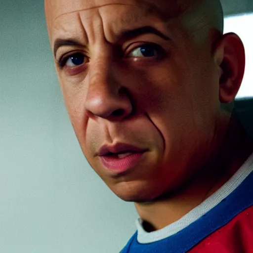 Prompt: Vin Diesel as Eleven from Stranger Things, realistic, cinematic, high detail