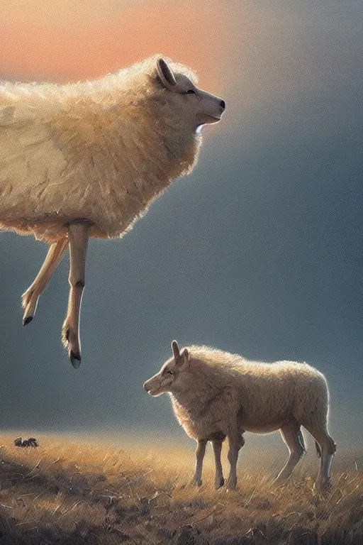 Prompt: sheep wolf, oil paintig, artstation, concept art, national geographics, golden hour, beautiful, 6 0 0 mm