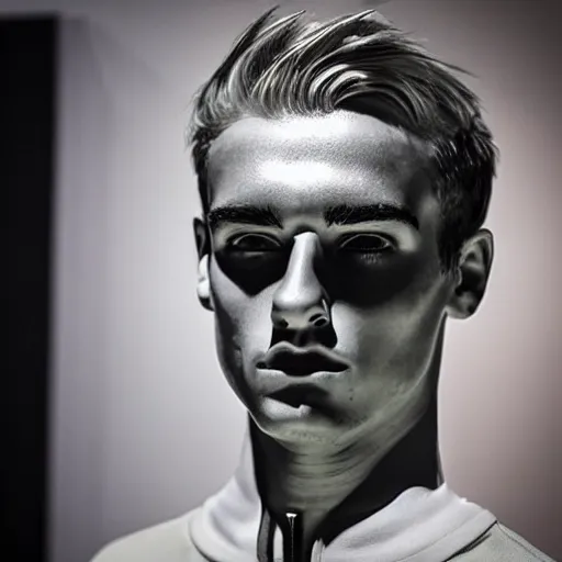 Image similar to “ a realistic detailed photo of a guy who is an attractive humanoid who is half robot and half humanoid, who is a male android, soccer player antoine griezmann, shiny skin, posing like a statue, blank stare, at the museum, on display ”