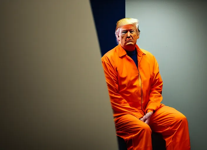 Prompt: photo of donald trump sitting in a jail cell wearing an orange jumpsuit defocused bars in the foreground, studio lighting, key light, 8 k, 8 5 mm f 1. 8