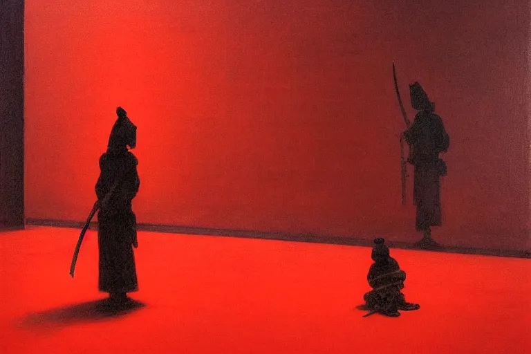 Image similar to only with red, a red samurai harakiri, tokio, a lot of frogs watch, in the style of beksinski, parts by edward hopper, parts by rodcenko, parts by yue minjun, intricate and epic composition, red by caravaggio, insanely quality, highly detailed, masterpiece, red light, artstation, 4 k