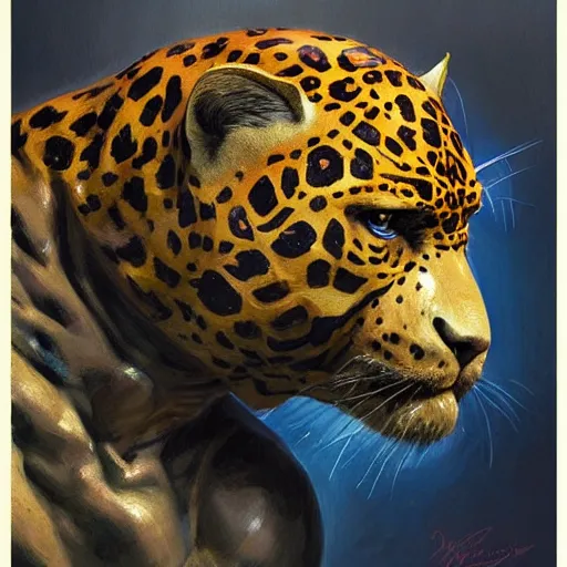 Image similar to Strong wrestler wearing a jaguar mask, closeup character portrait art by Donato Giancola, Craig Mullins, digital art, trending on artstation