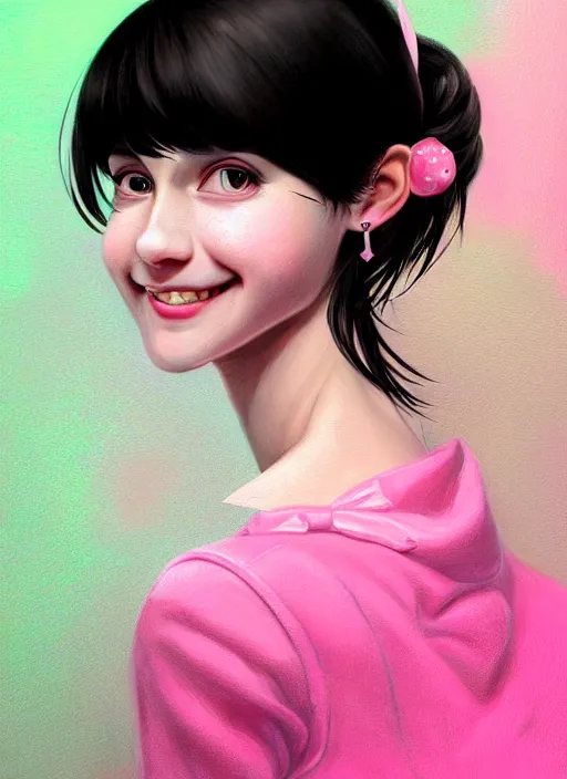 Image similar to portrait of high school girl, realistic, black hair, bangs, half updo hairstyle, pointy nose, skinny, smile, ugly, defined jawline, big chin, pink hair bow, earrings, intricate, elegant, glowing lights, highly detailed, digital painting, artstation, sharp focus, illustration, art by wlop, mars ravelo and greg rutkowski