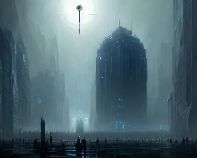 Image similar to 'The Great Eye Watches All', a digital painting of a great city being watched over by an all-seeing malevolent AI, a sci-fi digital painting by Greg Rutkowski and James Gurney, trending on Artstation, foreboding atmosphere, highly detailed