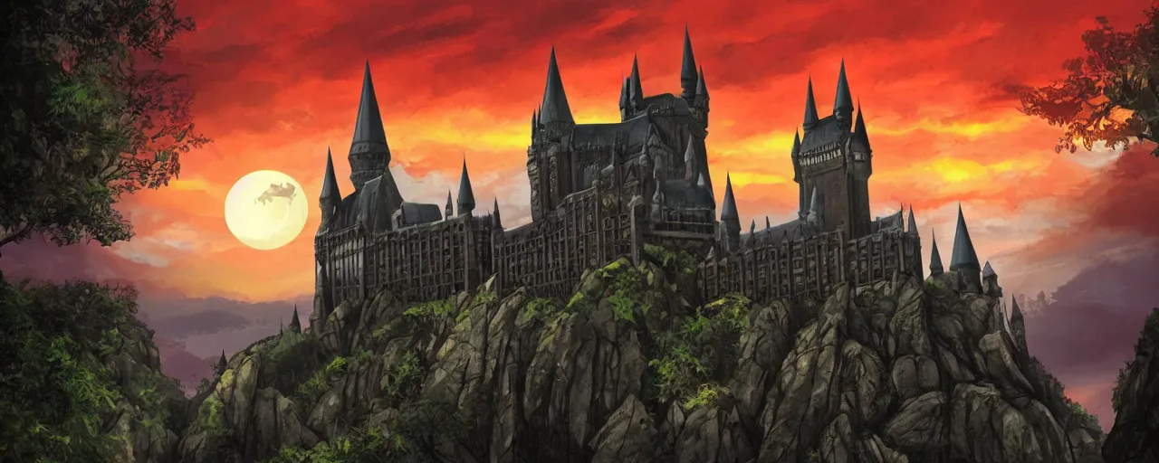 Prompt: Sunset over Hogwarts in Castlevania style, landscape, illustration, fantasy, gothic