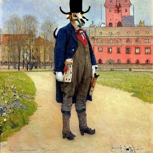 Image similar to painting by carl larsson, cow, dressed, anthropomorphic!!, wearing!!! clothes!!!, standing next to royal castle!!!