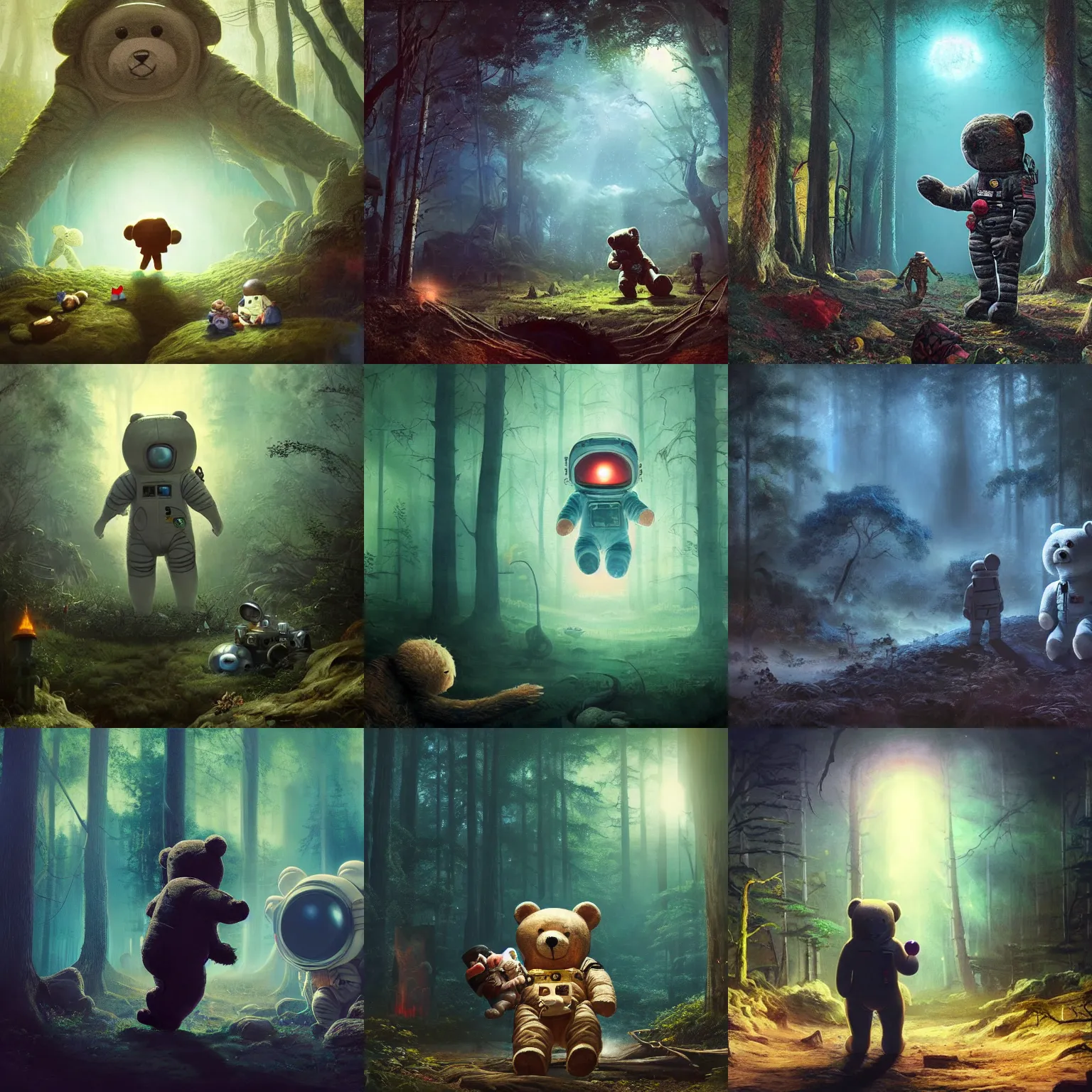 Prompt: giant oversized astronaut with teddy bear in dark scary forest , ful of dead corpses, cyan portal gate next to big graveyard, extremely textured frazetta oil painting 8k intricate dramatic cinematic mood backlight