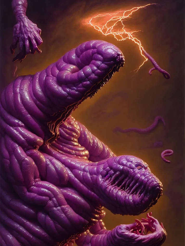 Image similar to hyperrealistic rendering, fat smooth cronenberg flesh monster d & d purple worm by donato giancola and greg rutkowski and wayne barlow and zdzisław beksinski, eyeballs, lightning, magic runes, product photography, action figure, sofubi, studio lighting, colored gels, colored background