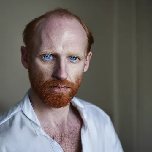 Prompt: color portrait of a middle aged balding blue eyed ginger white male model By Emmanuel Lubezki