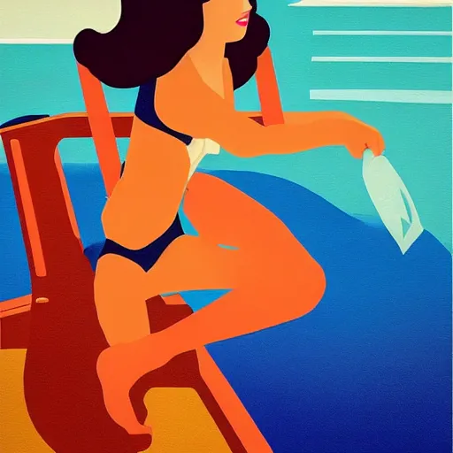 Prompt: a painting of a woman in a bathing suit sitting on a boat, an art deco painting by tom whalen, trending on behance, art deco, digital illustration, storybook illustration, art deco