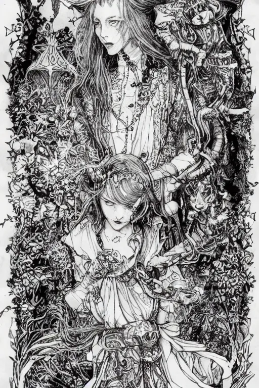 Image similar to Hippy Alice in wonderland tarot card , pen and ink, intricate line drawings, by Yoshitaka Amano, Ruan Jia, Kentaro Miura, Artgerm, watercolor