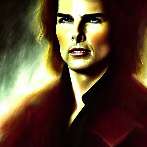 Prompt: majestic gracious regal aristocratic tom cruise as lestat de lioncourt portrait, indoor setting, atmospheric lighting, painted, voluptuous, menacing, intricate, volumetric lighting, beautiful, rich deep colours masterpiece, sharp focus, ultra detailed, by leesha hannigan, ross tran, thierry doizon, kai carpenter, ignacio fernandez rios