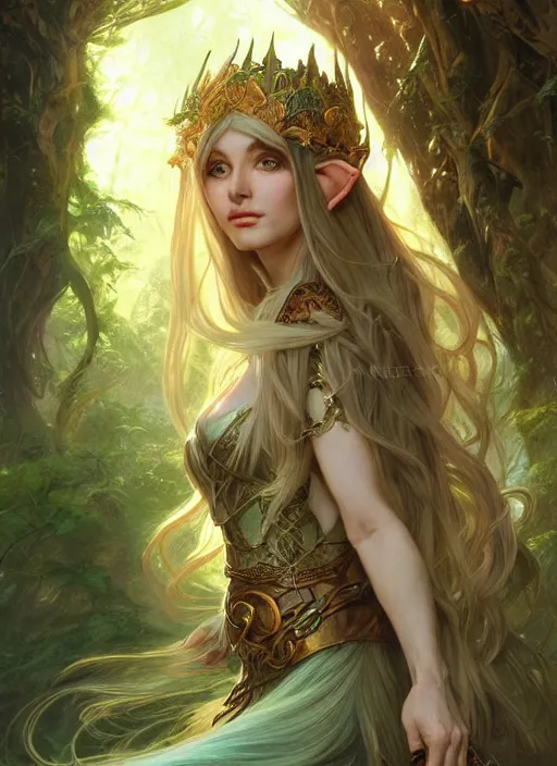 Image similar to portrait of a fantasy elf female sorceress queen with long hair flowing in an ancient forest filled with magic, highly detailed, digital painting, artstation, smooth, sharp focus, illustration, art by artgerm and greg rutkowski and alphonse mucha, fine face