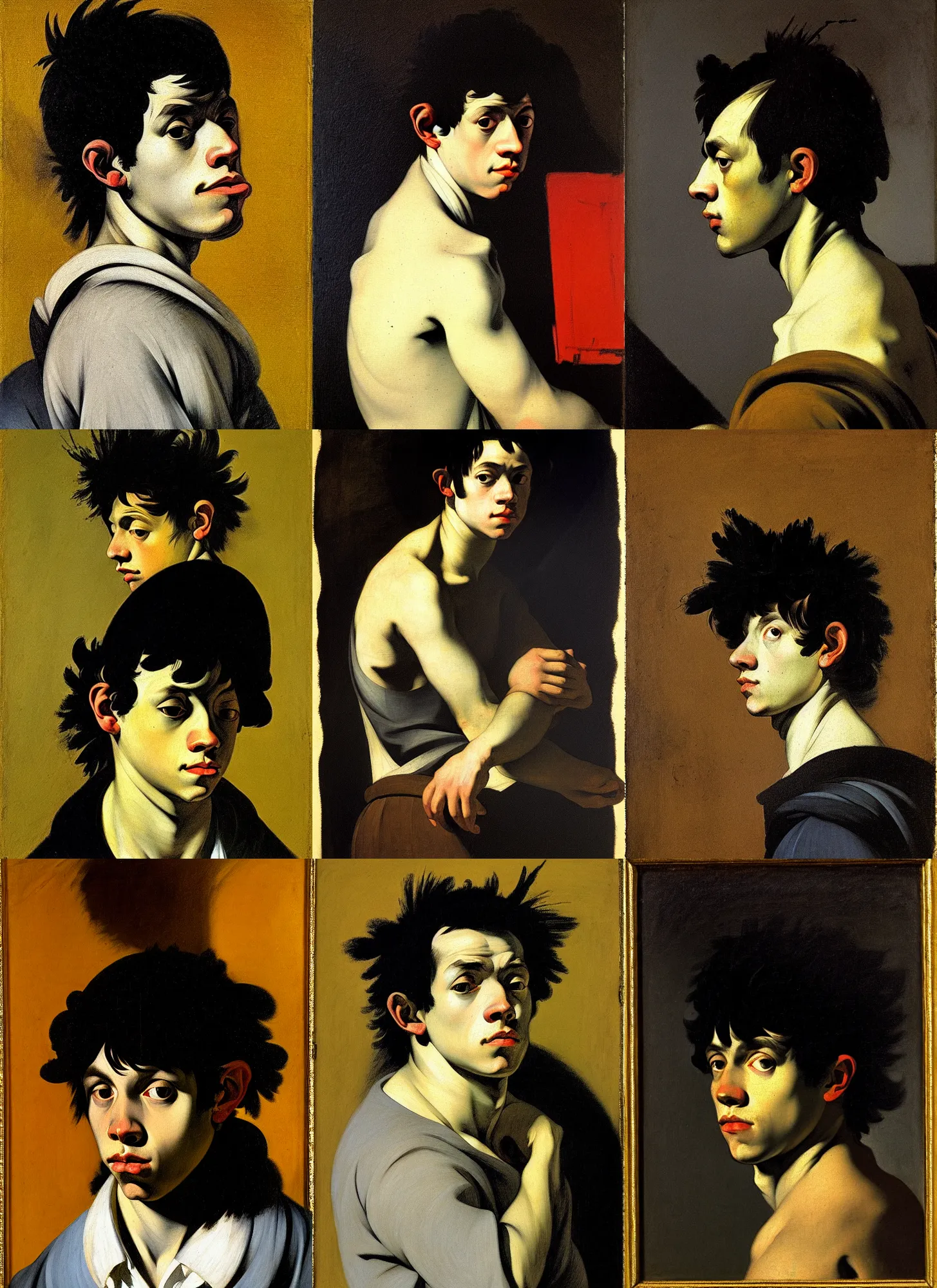 Prompt: portrait of a young man, illustrated by francisco goya, caravaggio, edward hopper, and jean - michel basquiat