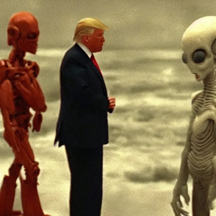 Image similar to A very blurry and grainy ominous screen footage capture of Donald Trump talking to an alien