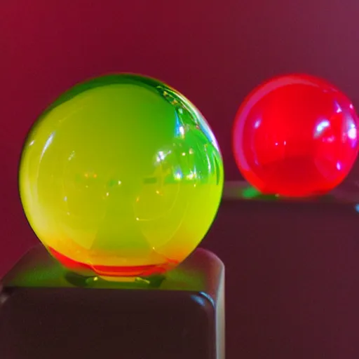 Prompt: chromatic glass spheres on a red cube