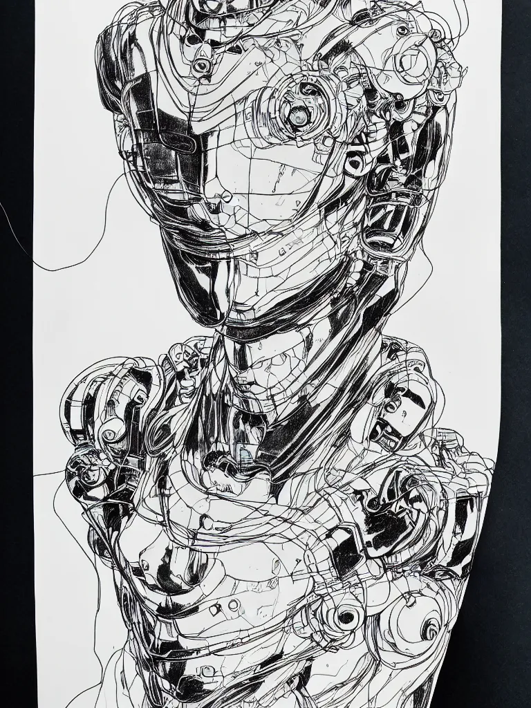 Image similar to prompt: Fragile looking figure, portrait face drawn by Katsuhiro Otomo, full body character drawing, inspired by Evangeleon and Akira 1988, cyborg and wire details parts, clean ink detailed line drawing, intricate detail, manga 1990, portrait centric composition