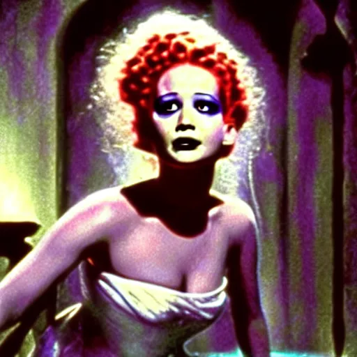 Image similar to jennifer lawrence, technicolor, still from the movie bride of frankenstein