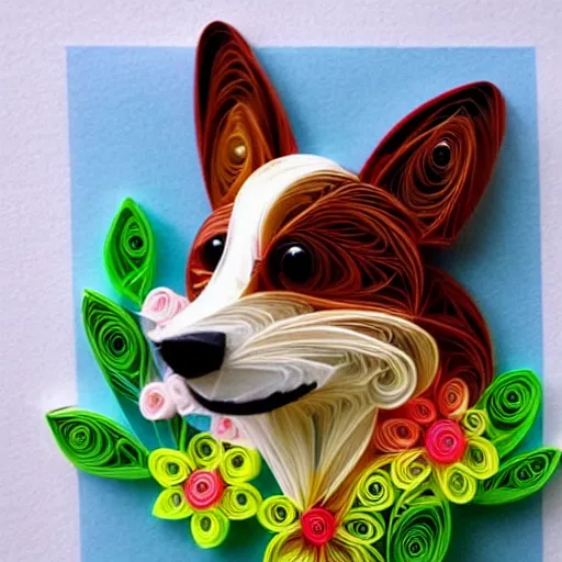 Prompt: adorable corgi, paper quilling, intricate, swirls