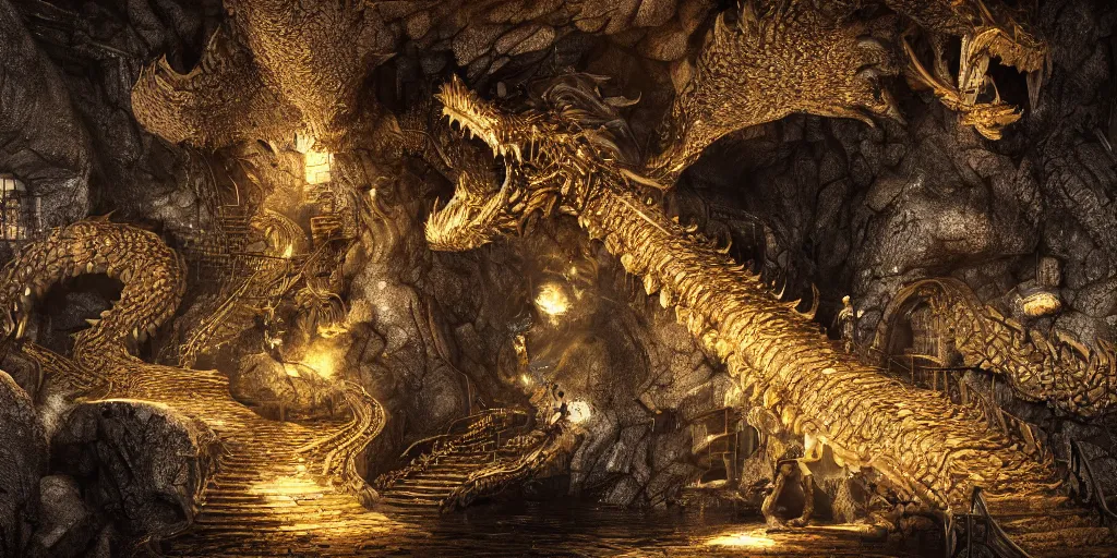 Image similar to The gold horde of a huge black dragon in a mine underground made out of intricately carved stone in a dark cavern, rainy, fantasy digital art, octane render, beautiful composition, trending on artstation, award-winning photograph, masterpiece