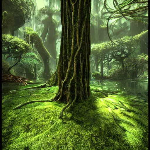 Prompt: [ [ mossy swamp ] ] : : [ disney animation ] : : fantasy, epic : : realistic lighting, shading, shadows : : glowing green : : [ [ biopunk art ] ] : : 8 k