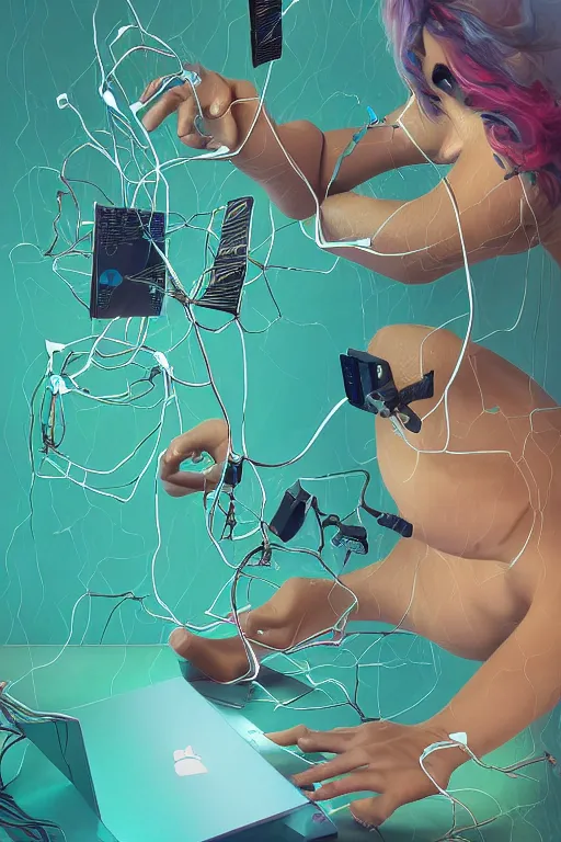 Prompt: epic 3 d abstract 🇵🇷 laptop hacker, spinning hands and feet, 2 0 mm, with teal and white peanut butter melting smoothly into asymmetrical succulents and phones, solar powered, thick wires, delicate, beautiful, intricate, houdini sidefx, trending on artstation, by jeremy mann, ilya kuvshinov, jamie hewlett and ayami kojima