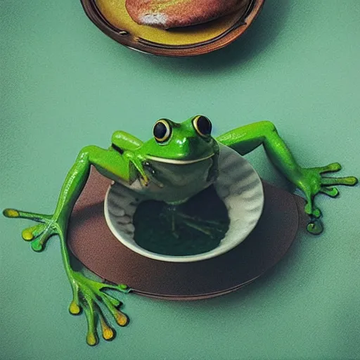 Image similar to frog levitating above the plate on a table with simple food, polaroid photography in style of andrey tarkovski, light caustics, iridescence, paranormal, spiritual, mystical, sublime