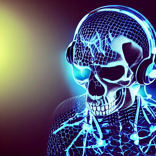 Image similar to skeleton with headphones playing synthesizers, honeycomb skull, lights, lasers, music, highly detailed, realistic, technology and magic,