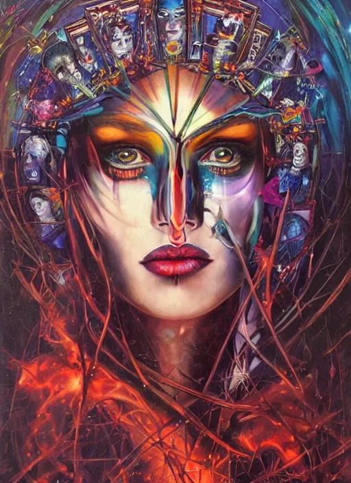 Prompt: gorgeous magic cult psychic woman, painted face, third eye, energetic consciousness psychedelic, epic surrealism expressionism symbolism, story telling, iconic, dark robed, oil painting, symmetrical face, dark myth mythos, by Sandra Chevrier , Bruce Pennington, masterpiece