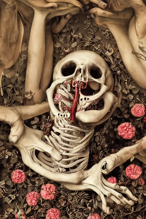 Image similar to anatomical man with large eyes and lips laying in bed of bones of flowers, an existential dread of love, HD Mixed media, highly detailed and intricate, surreal illustration in the style of Caravaggio, baroque dark art