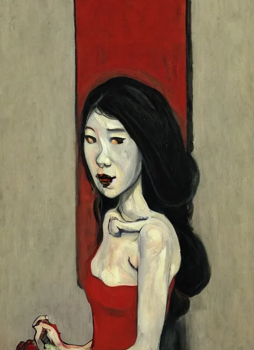 Image similar to a painting of gorgeous asian college girl standing on the knees with frozen cold stare, blood red background, transparent gray dresses, crows flying with red eyes trapped in the void as a symbol of death, in style of Edward Hopper, surrealism of Francis Bacon painting, John Singer Sargant, Chaim Soutine and Frank Auerbach, American Gothic, 8k, ultradetailed