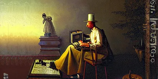 Image similar to time-travelling magician coding a new server architecture on a computer, intricate oil painting by Carl Spitzweg