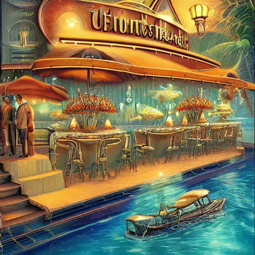 Image similar to beautiful Peter Mohrbach and Mark Keathley highly detailed illustration of an underwater art deco lounge