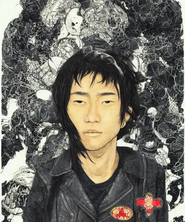 Prompt: a half / profile portrait of a happy teenage japanese man, his hair is messy and unkempt, he is wearing an embroidered leather jacket and carries a biker helmet, a masterpiece, an illustration by kim jung gi, otomo katsuhiro and terada katsuya, realistic proportions and masterful anatomy