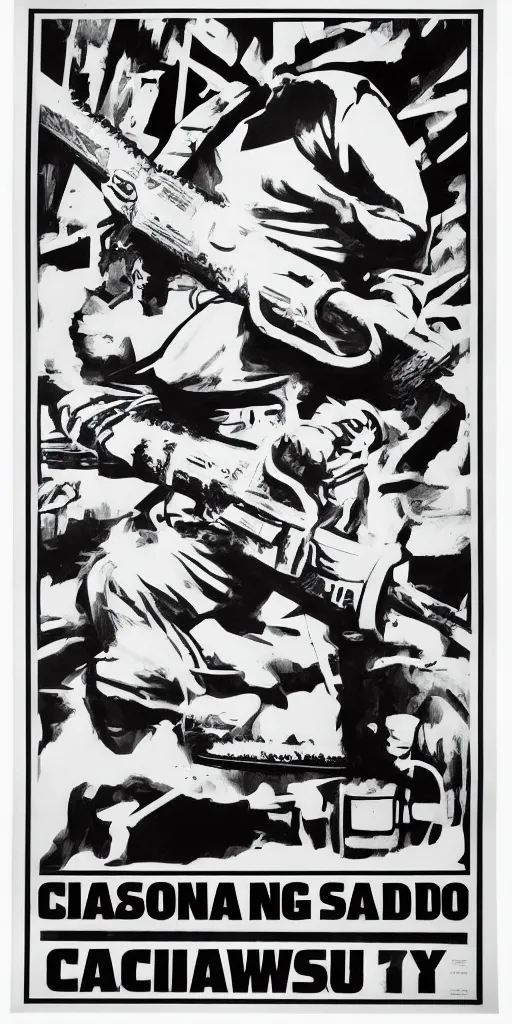 Image similar to propaganda poster for a studio with a chainsaw, black and white, street printed poster,