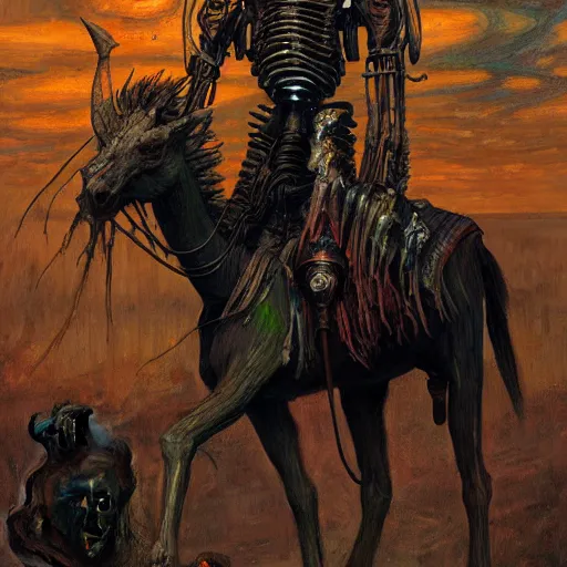 Prompt: a death tarot featuring an african shaman riding a robot zombie horse in a cyberpunk voodoo style by anton semenov and android jones and Alfred Munnings, oil on canvas