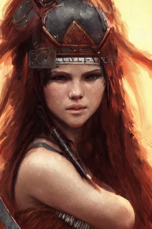 Image similar to head and shoulders focus portrait of a barbarian female high quality focus by wlop