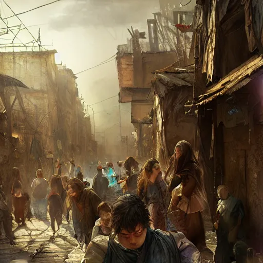 Prompt: artgerm, ilya yefimovich repin style as slum neighborhood in lord of the ring world, fantasy, photorealistic content, hyperrealistic content, high definition content, intricate, delete duplicate content, justify content center, left align, right align, ultra detailed content, ultra realistic face structure, rgb color